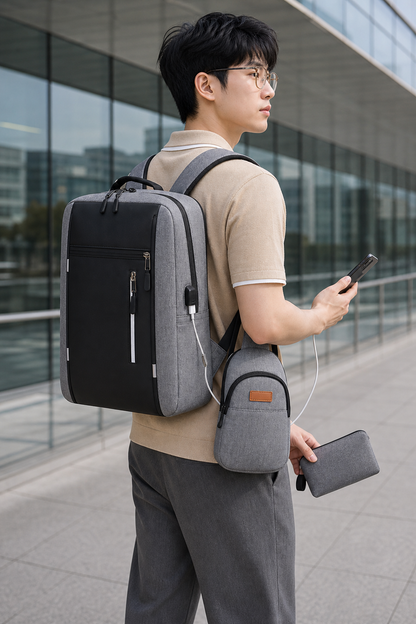 Model wearing gray Oxford fabric 3-piece laptop backpack set