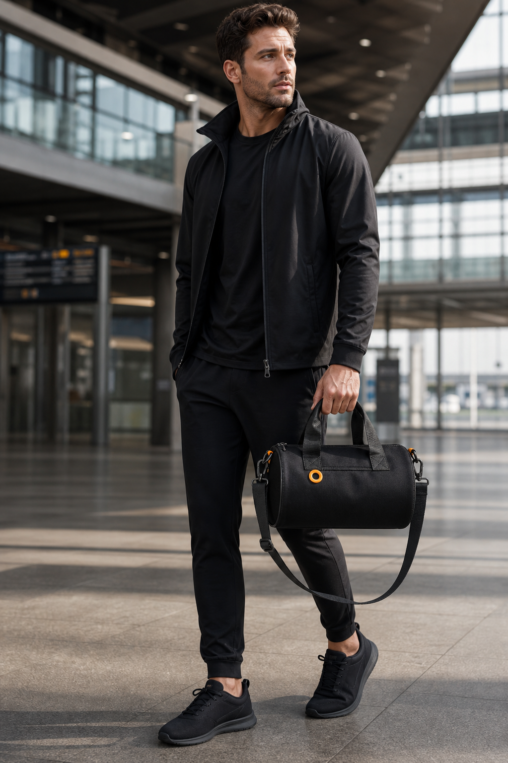 Black and orange Oxford cylinder travel bag lifestyle photo
