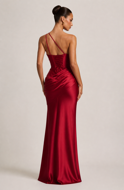 Red one-shoulder mermaid gown supplier-matched rear view