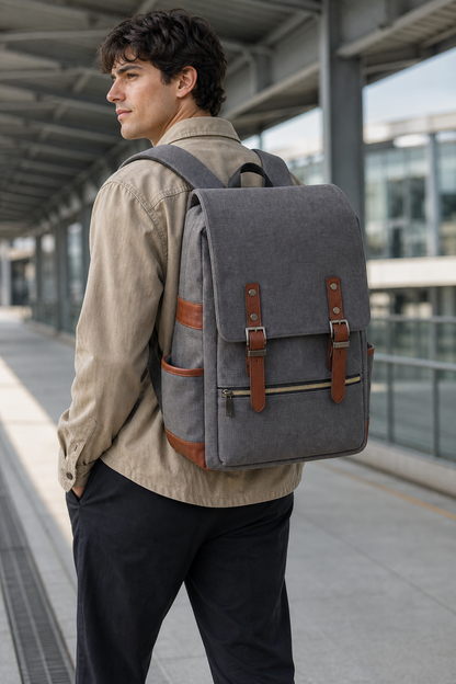Model wearing gray retro Oxford canvas travel backpack