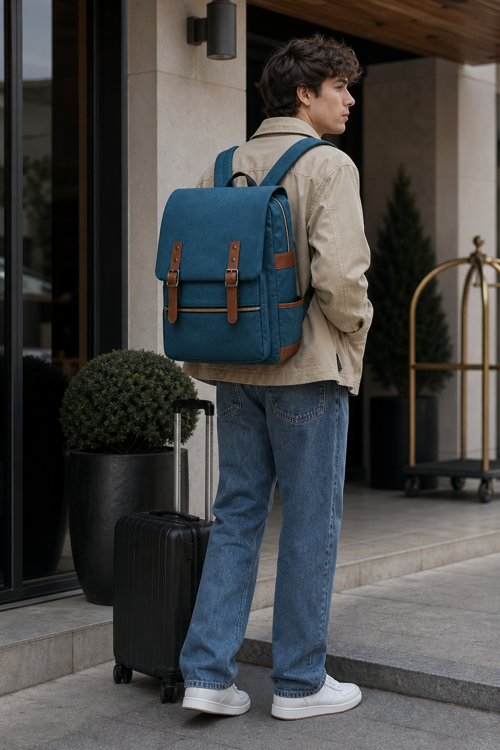 Model wearing teal retro Oxford canvas travel backpack
