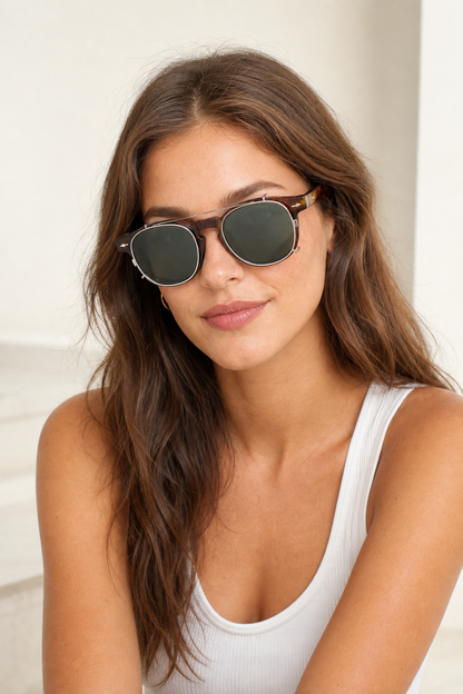Female model wearing retro tortoise clip-on sunglasses with green gray lenses