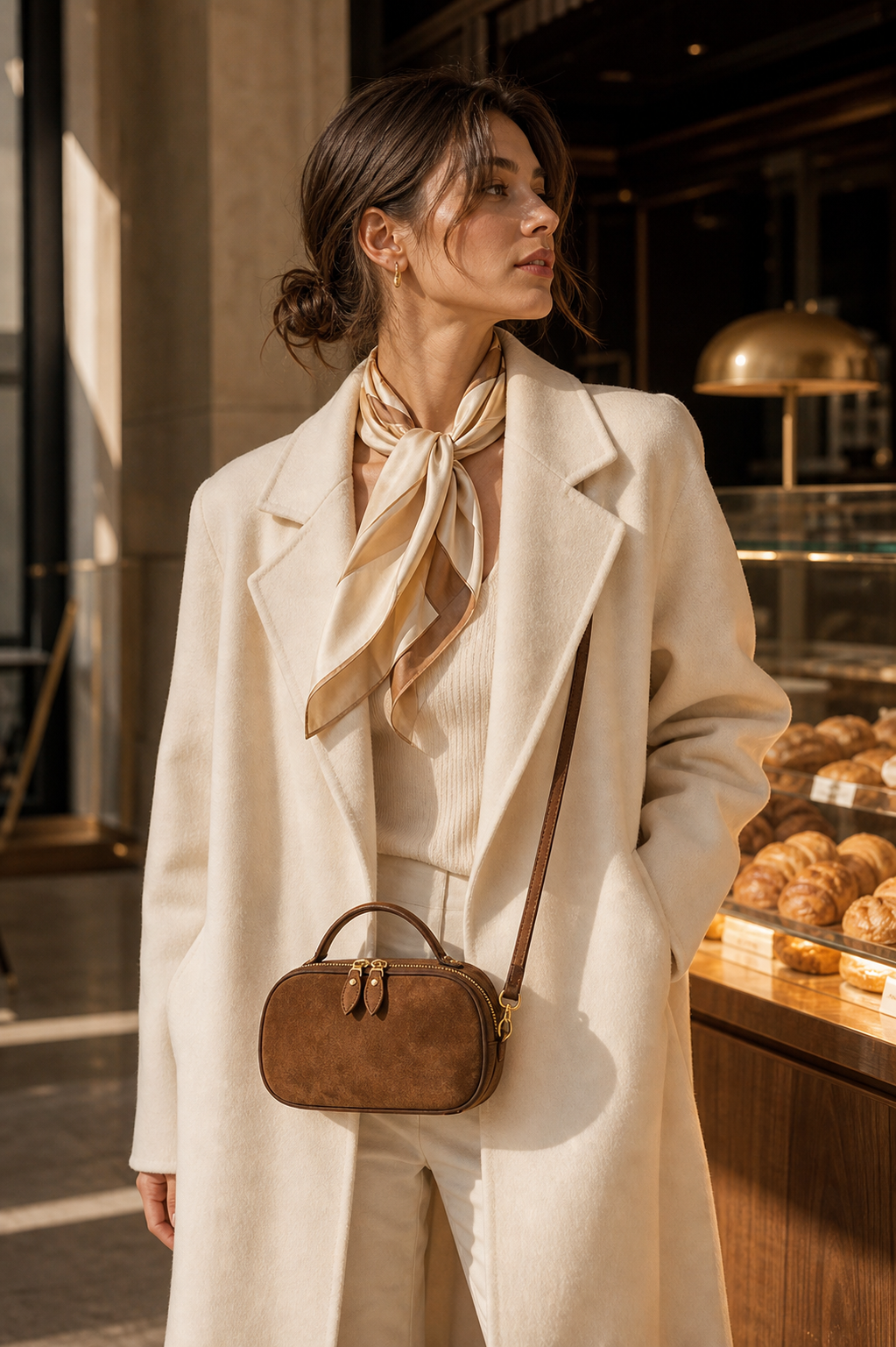 Caramel brown suede mini crossbody bag lifestyle photo