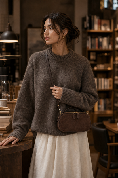 Ebony coffee suede mini crossbody bag lifestyle photo
