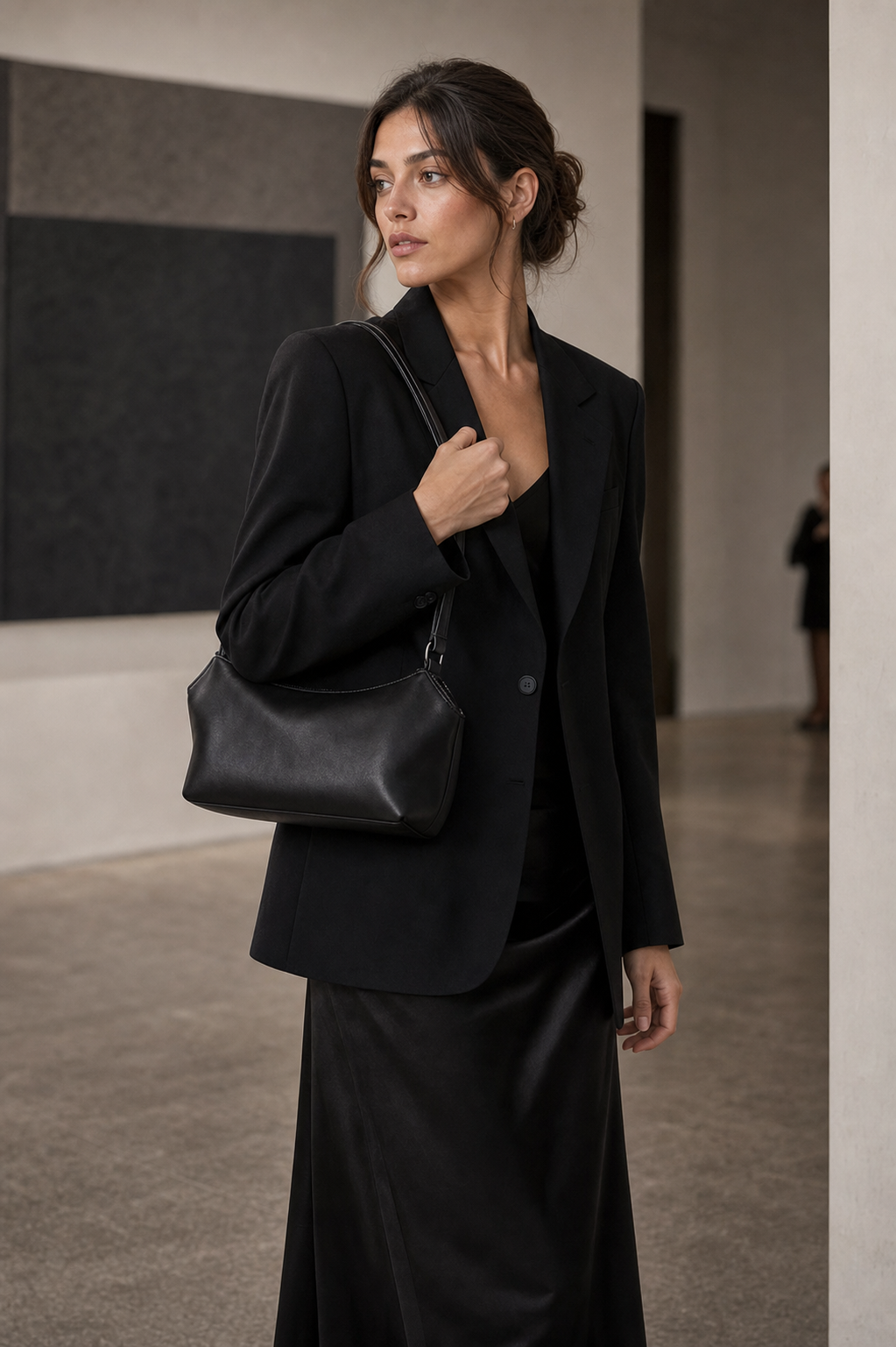 Dark sheepskin underarm shoulder bag lifestyle photo