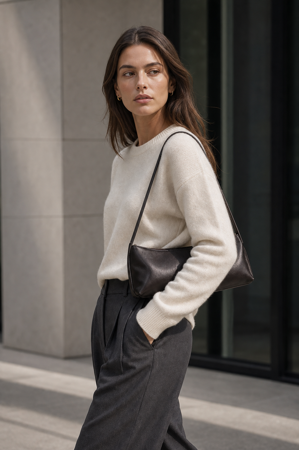 Dark sheepskin underarm shoulder bag workwear lifestyle photo