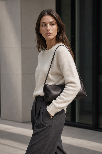 Dark sheepskin underarm shoulder bag workwear lifestyle photo