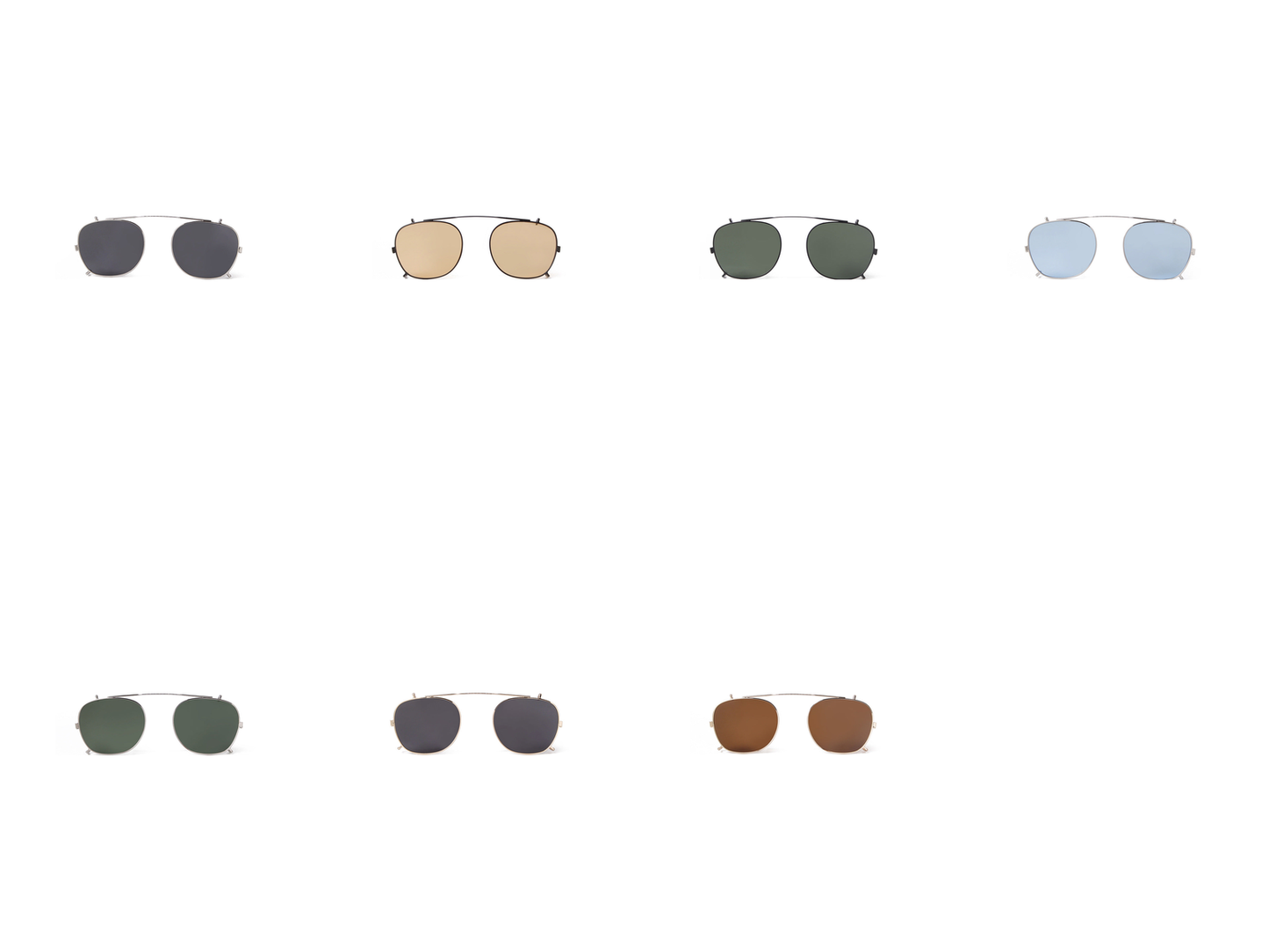 All seven clip-on sunglasses lens colors fully visible in a clean lineup