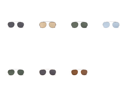 All seven clip-on sunglasses lens colors fully visible in a clean lineup