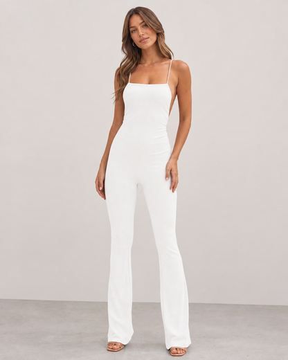 Different model wearing white sleeveless jumpsuit