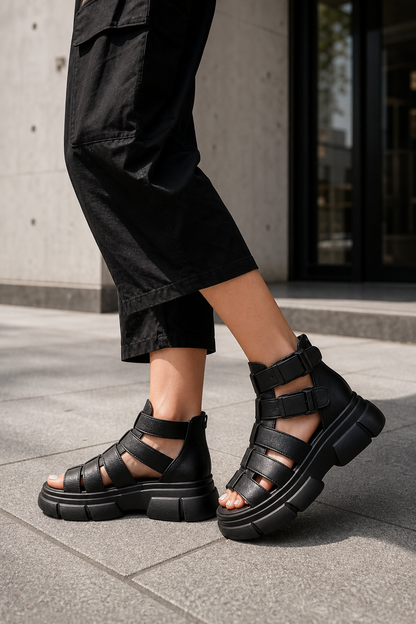 Lifestyle image of Women's Chunky Platform Roman Sandals worn in a streetwear setting
