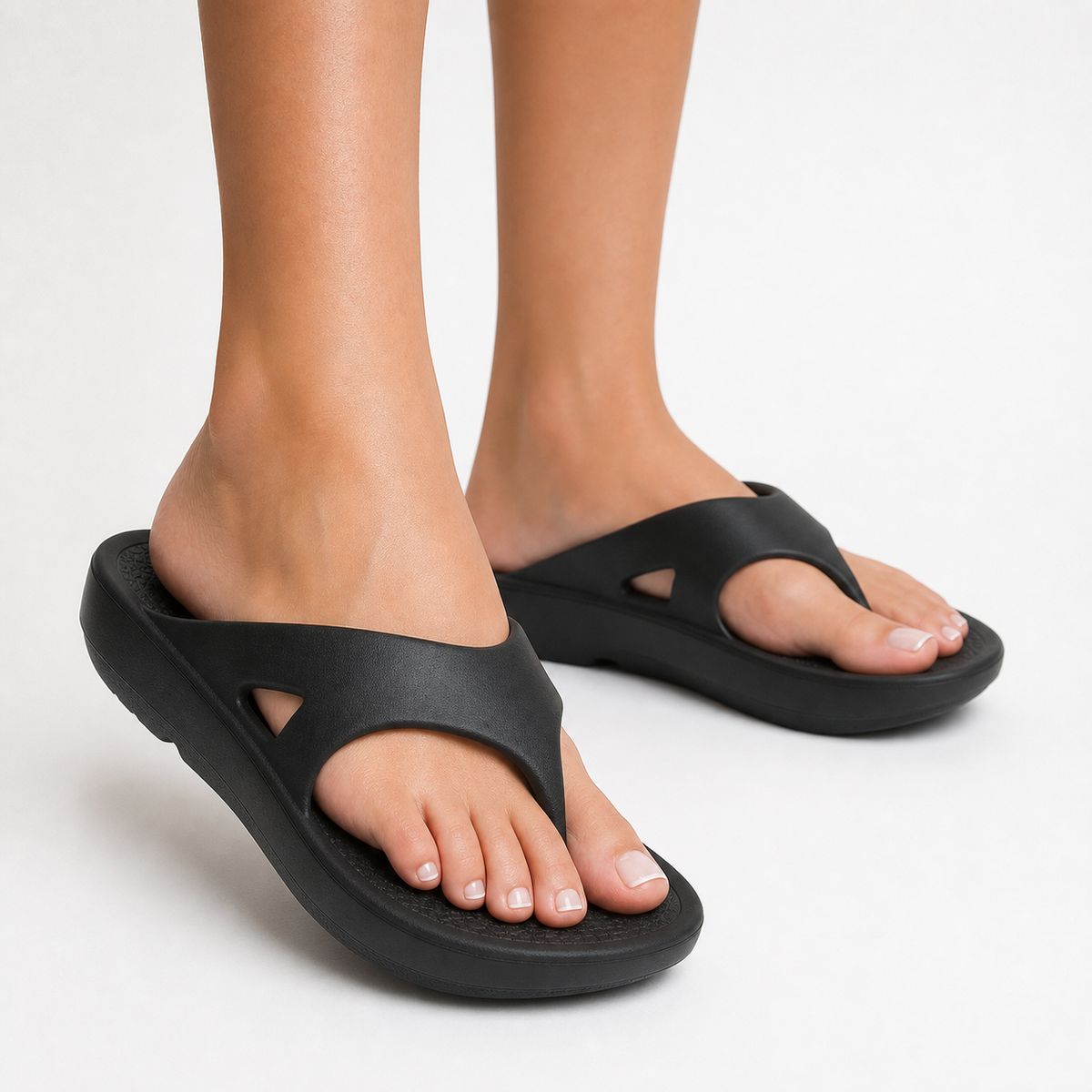 Woman wearing black arch support EVA flip flops close-up
