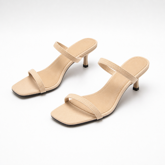 Nude knit square-toe heeled sandals professional product photo