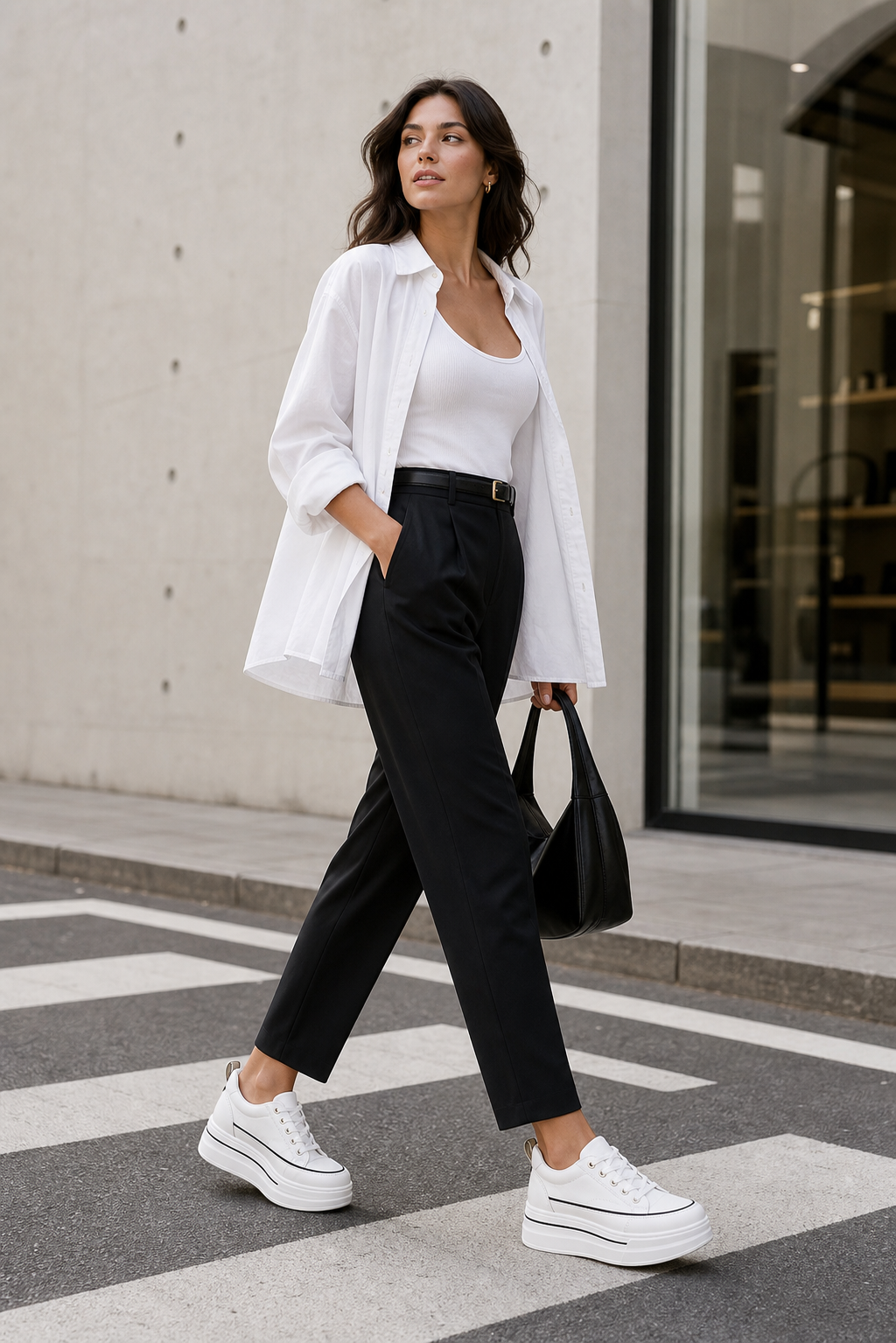 Zara-inspired lifestyle image of Women's Height Increasing Platform Sneakers in a city setting