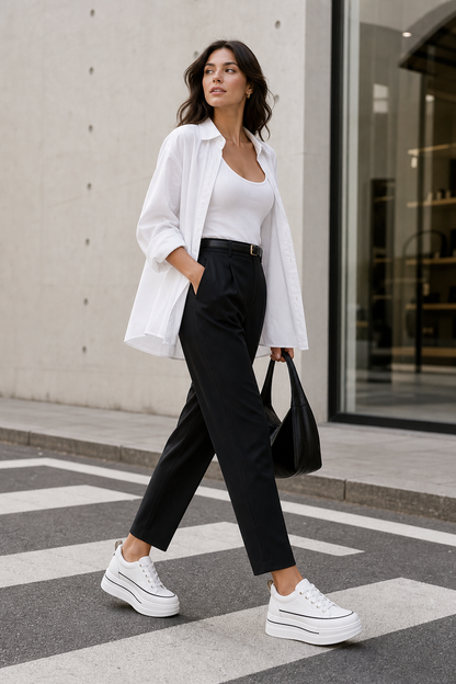 Zara-inspired lifestyle image of Women's Height Increasing Platform Sneakers in a city setting