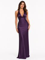 Model wearing purple sleeveless V-neck maxi dress