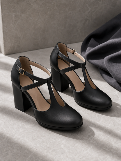 Premium product image of Women's T-Strap Block Heel Pumps in a studio setting