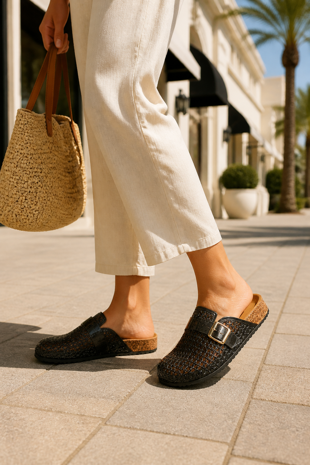 Lifestyle image of Women's Transparent PVC Crystal Slide Mules worn in a summer fashion setting
