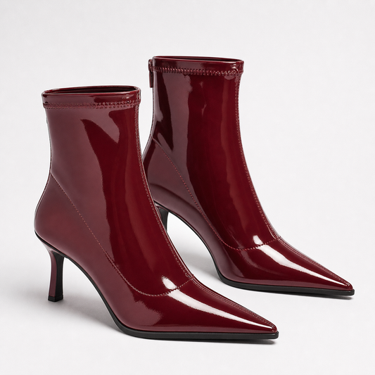 Wine-red patent leather pointed-toe ankle boots product photo